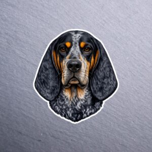 Bluetick Coonhound Sticker. These stickers are made with printable vinyl with a vinyl top coat that is scratch-resistant and water resistant.