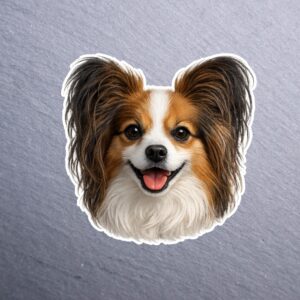 Papillon Sticker. These stickers are made with printable vinyl with a vinyl top coat that is scratch-resistant and water resistant.