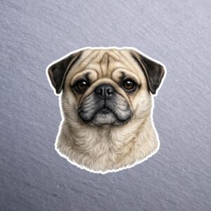Pug Sticker. These stickers are made with printable vinyl with a vinyl top coat that is scratch-resistant and water resistant.