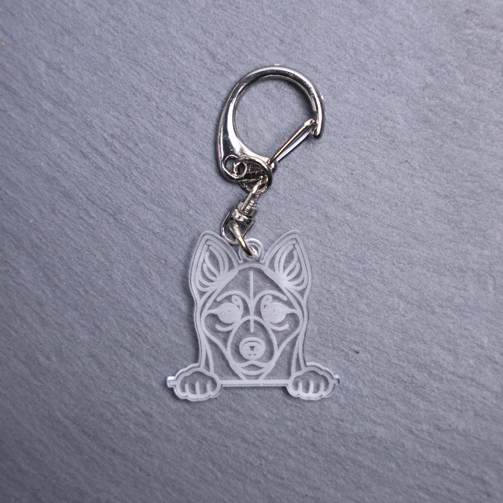 Alaskan Klee Kai Bag Tag. This bag tag is made with engraved acrylic. Comes with lobster clasp topper that easily hooks to a bag, zippers, keychains,