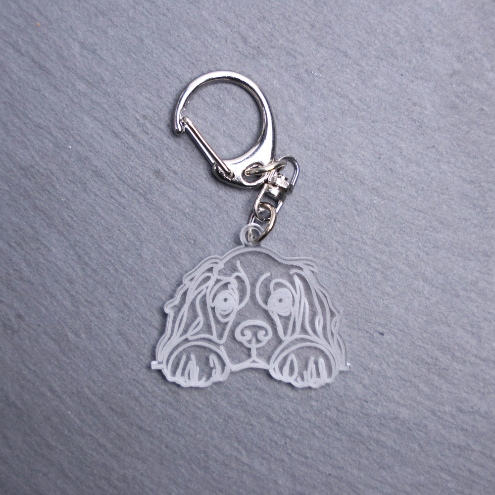 American Cocker Spaniel Bag Tag. This bag tag is made with engraved acrylic. Comes with lobster clasp topper that easily hooks to a bag, zippers, keychains,