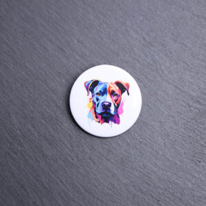 American Staffordshire Terrier Watercolor Button. These buttons are made with photo paper, metal round, and metal backing. These buttons are vibrant and fun to use on bags or vests.