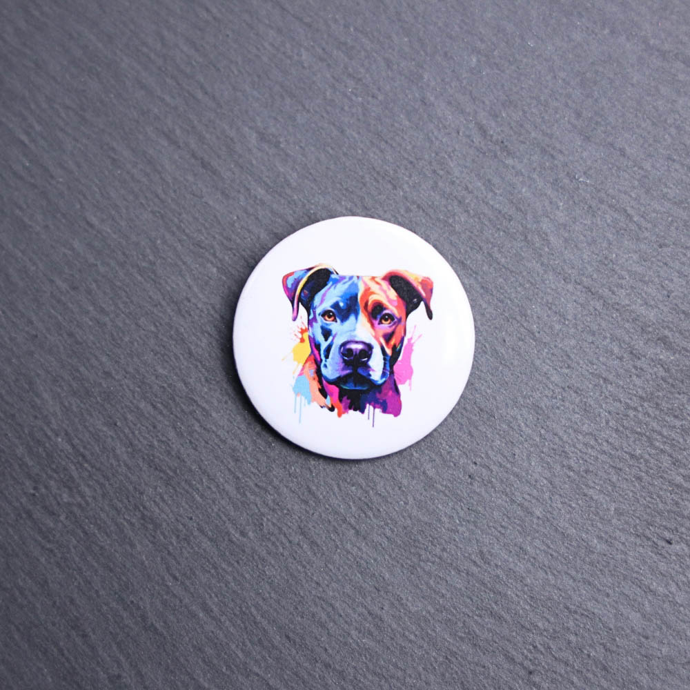 American Staffordshire Terrier Watercolor Button. These buttons are made with photo paper, metal round, and metal backing. These buttons are vibrant and fun to use on bags or vests.