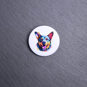Australian Cattle Dog Watercolor Button. These buttons are made with photo paper, metal round, and metal backing. These buttons are vibrant and fun to use on bags or vests.