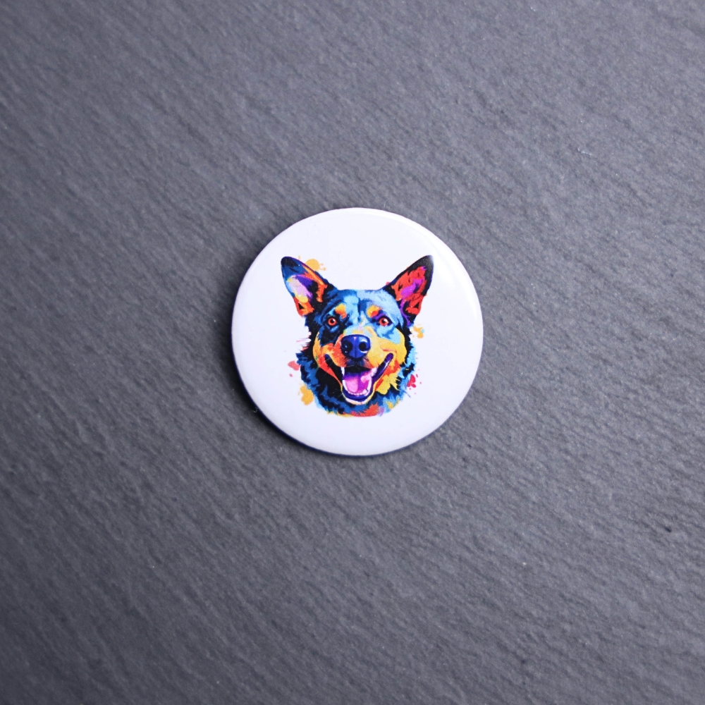 Australian Cattle Dog Watercolor Button. These buttons are made with photo paper, metal round, and metal backing. These buttons are vibrant and fun to use on bags or vests.