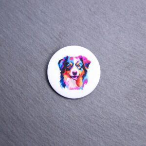 Australian Shepherd Watercolor Button. These buttons are made with photo paper, metal round, and metal backing. These buttons are vibrant and fun to use on bags or vests.