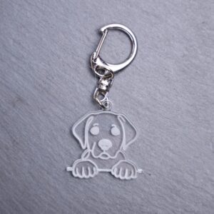 Bassador Bag Tag. This bag tag is made with engraved acrylic. Comes with lobster clasp topper that easily hooks to a bag, zippers, keychains,