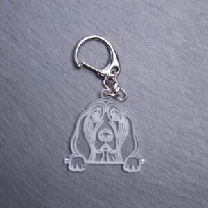 Basset Hound Bag Tag. This bag tag is made with engraved acrylic. Comes with lobster clasp topper that easily hooks to a bag, zippers, keychains,