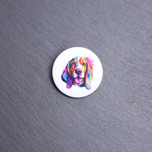 Basset Hound Watercolor Button. These buttons are made with photo paper, metal round, and metal backing. These buttons are vibrant and fun to use on bags or vests. Features: 1.25″ Diameter Metal Button Metal Back Made with Premium Photo Paper Colors may vary due to screen resolution. The image may different slightly from the listing image.
