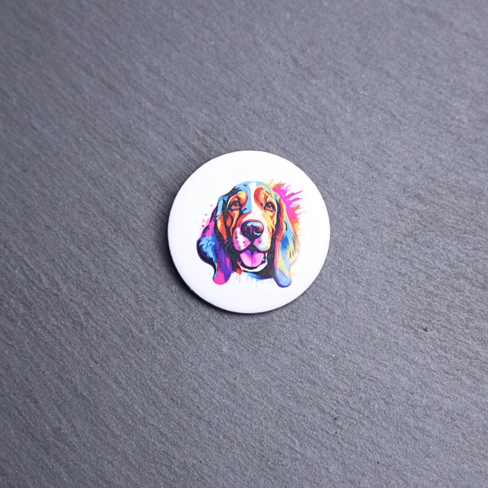 Basset Hound Watercolor Button. These buttons are made with photo paper, metal round, and metal backing. These buttons are vibrant and fun to use on bags or vests. Features: 1.25″ Diameter Metal Button Metal Back Made with Premium Photo Paper Colors may vary due to screen resolution. The image may different slightly from the listing image.
