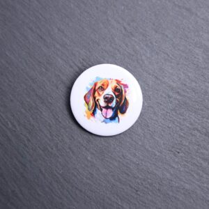 Beagle Watercolor Button. These buttons are made with photo paper, metal round, and metal backing. These buttons are vibrant and fun to use on bags or vests.