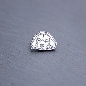 Beagle Engraved Acrylic Pin. These acrylic pins are made with engraved cast acrylic. These pins are white and black with a black pin back.