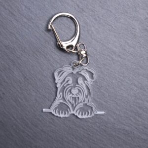 Bearded Collie Bag Tag. This bag tag is made with engraved acrylic. Comes with lobster clasp topper that easily hooks to a bag, zippers, keychains,