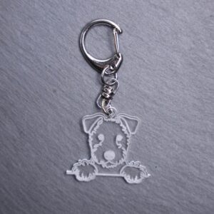 Bedlington Terrier Bag Tag. This bag tag is made with engraved acrylic. Comes with lobster clasp topper that easily hooks to a bag, zippers, keychains,