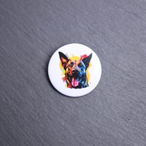 Belgian Malinois Watercolor Button. These buttons are made with photo paper, metal round, and metal backing. These buttons are vibrant and fun to use on bags or vests.