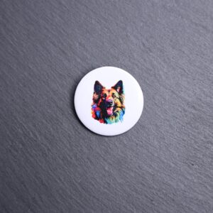 Belgian Tervuren Watercolor Button. These buttons are made with photo paper, metal round, and metal backing. These buttons are vibrant and fun to use on bags or vests.
