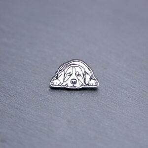Bernese Mountain Dog Engraved Acrylic Pin. These acrylic pins are made with engraved cast acrylic. These pins are white and black with a black pin back.