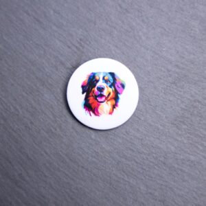 Bernese Mountain Dog Watercolor Button. These buttons are made with photo paper, metal round, and metal backing. These buttons are vibrant and fun to use on bags or vests.