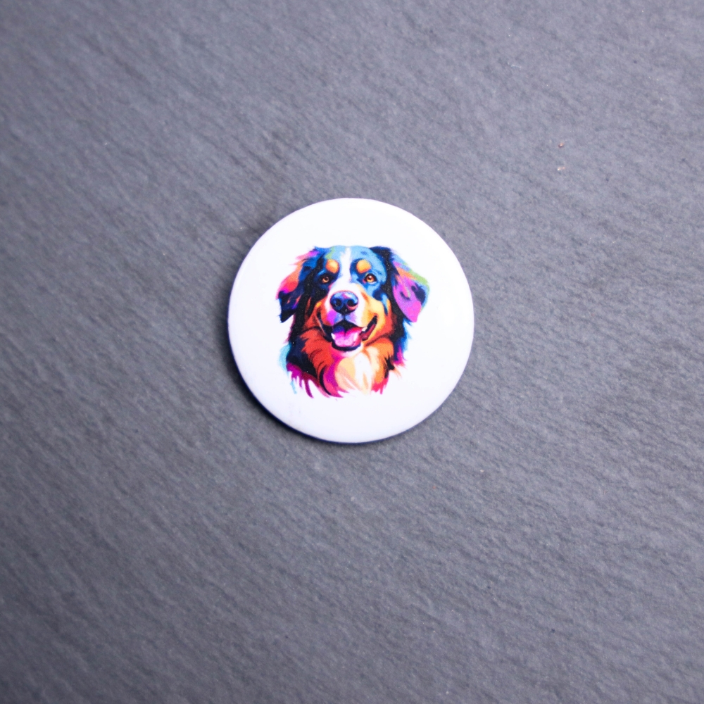 Bernese Mountain Dog Watercolor Button. These buttons are made with photo paper, metal round, and metal backing. These buttons are vibrant and fun to use on bags or vests.