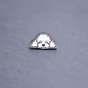 Bichon Frisé Engraved Acrylic Pin. These acrylic pins are made with engraved cast acrylic. These pins are white and black with a black pin back.