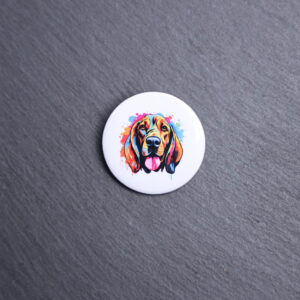 Bloodhound Watercolor Button. These buttons are made with photo paper, metal round, and metal backing. These buttons are vibrant and fun to use on bags or vests.