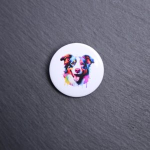 Border Collie Watercolor Button. These buttons are made with photo paper, metal round, and metal backing. These buttons are vibrant and fun to use on bags or vests.