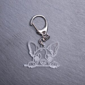 Boston Terrier Bag Tag. This bag tag is made with engraved acrylic. Comes with lobster clasp topper that easily hooks to a bag, zippers, keychains,