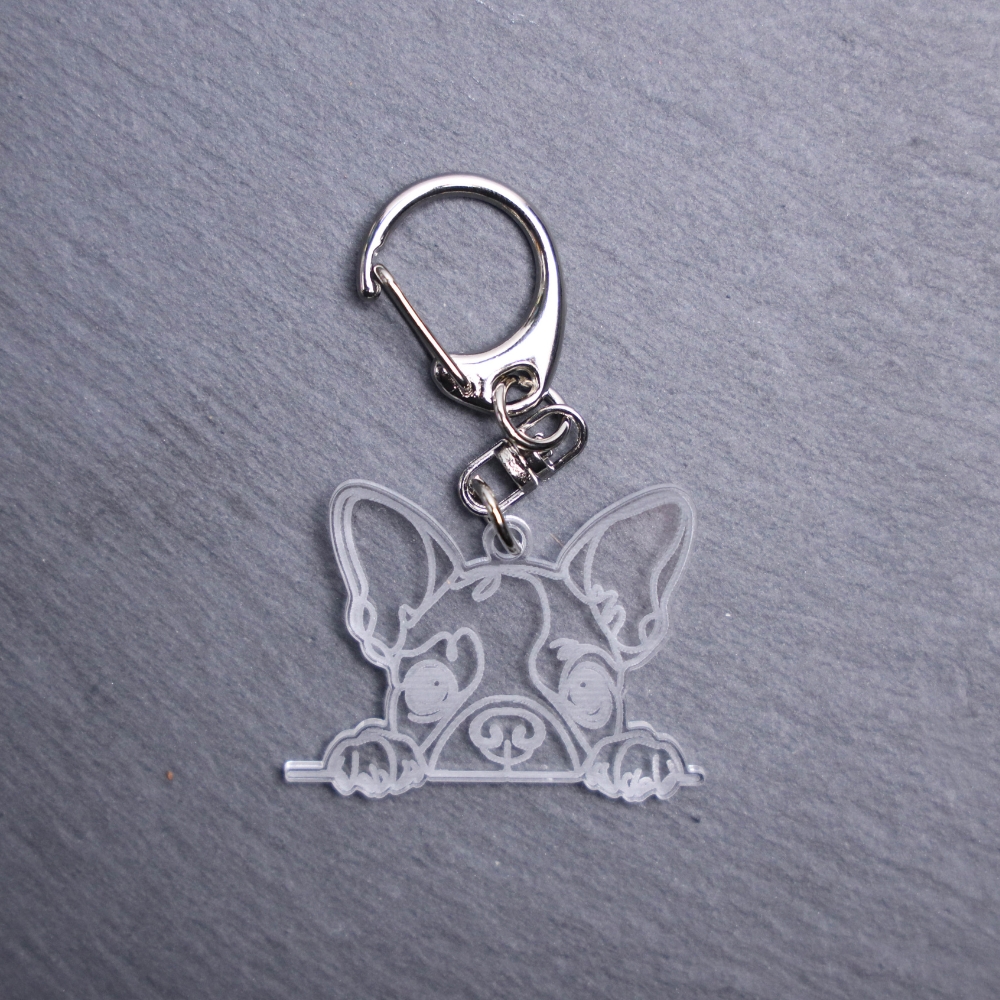 Boston Terrier Bag Tag. This bag tag is made with engraved acrylic. Comes with lobster clasp topper that easily hooks to a bag, zippers, keychains,