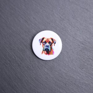 Boxer Watercolor Button. These buttons are made with photo paper, metal round, and metal backing. These buttons are vibrant and fun to use on bags or vests.