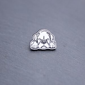 Boxer Engraved Acrylic Pin. These acrylic pins are made with engraved cast acrylic. These pins are white and black with a black pin back.