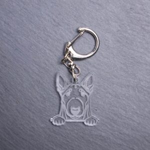 Bull Terrier Bag Tag. This bag tag is made with engraved acrylic. Comes with lobster clasp topper that easily hooks to a bag, zippers, keychains