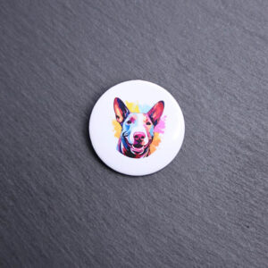 Bull Terrier Watercolor Button. These buttons are made with photo paper, metal round, and metal backing. These buttons are vibrant and fun to use on bags or vests.