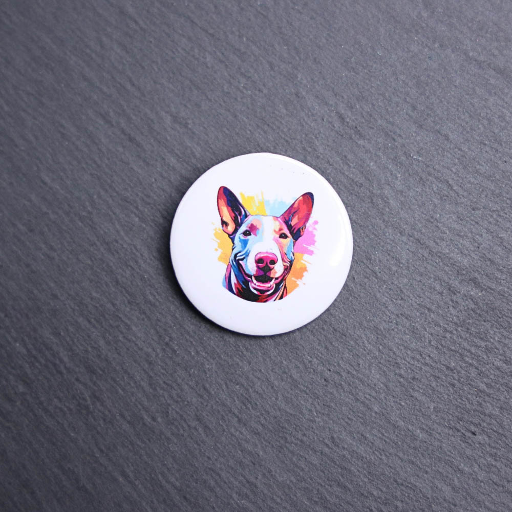 Bull Terrier Watercolor Button. These buttons are made with photo paper, metal round, and metal backing. These buttons are vibrant and fun to use on bags or vests.