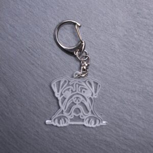 Bulldog Bag Tag. This bag tag is made with engraved acrylic. Comes with lobster clasp topper that easily hooks to a bag, zippers, keychains,