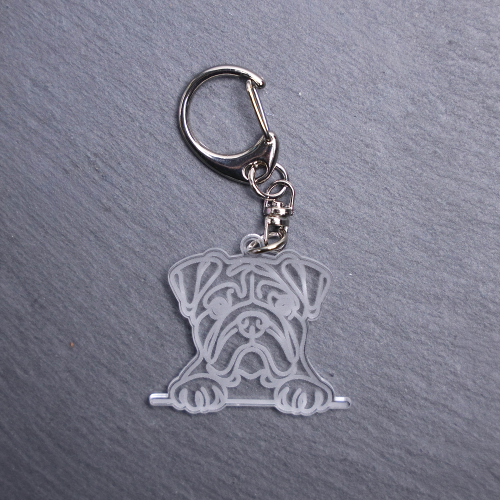 Bulldog Bag Tag. This bag tag is made with engraved acrylic. Comes with lobster clasp topper that easily hooks to a bag, zippers, keychains,