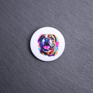 Bulldog Watercolor Button. These buttons are made with photo paper, metal round, and metal backing. These buttons are vibrant and fun to use on bags or vests.