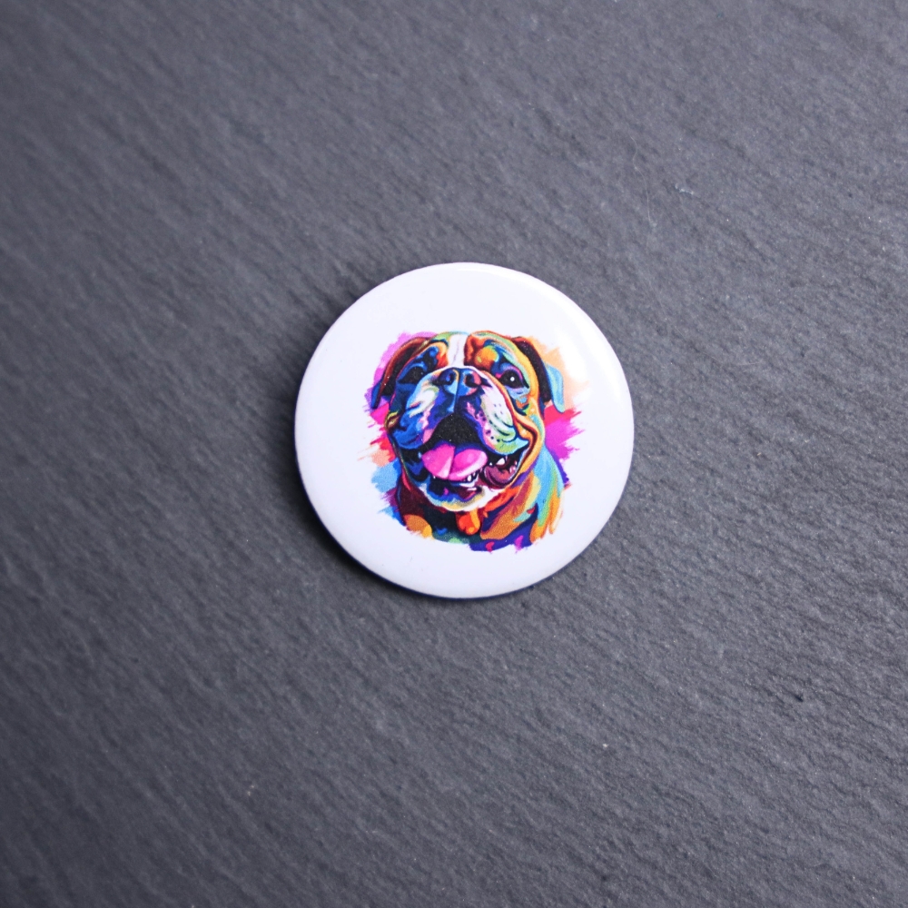 Bulldog Watercolor Button. These buttons are made with photo paper, metal round, and metal backing. These buttons are vibrant and fun to use on bags or vests.