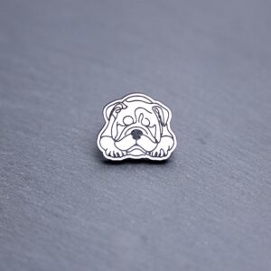 Bulldog Engraved Acrylic Pin. These acrylic pins are made with engraved cast acrylic. These pins are white and black with a black pin back.