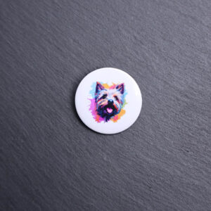 Cairn Watercolor Button. These buttons are made with photo paper, metal round, and metal backing. These buttons are vibrant and fun to use on bags or vests.