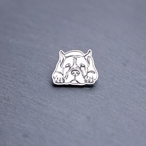 Cane Corso Engraved Acrylic Pin. These acrylic pins are made with engraved cast acrylic. These pins are white and black with a black pin back.