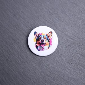 Cardigan Welsh Corgi Watercolor Button. These buttons are made with photo paper, metal round, and metal backing. These buttons are vibrant and fun to use on bags or vests.