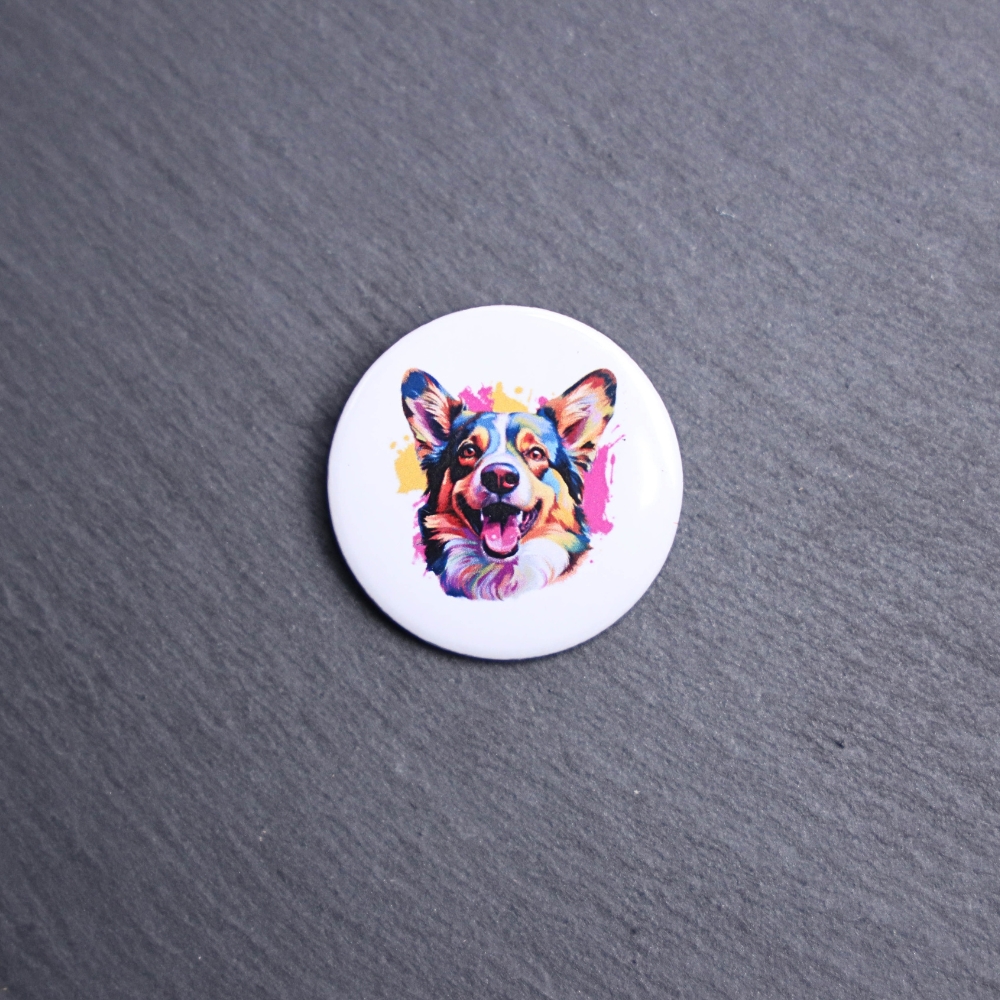 Cardigan Welsh Corgi Watercolor Button. These buttons are made with photo paper, metal round, and metal backing. These buttons are vibrant and fun to use on bags or vests.