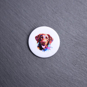 Chesapeake Bay Retriever Watercolor Button. These buttons are made with photo paper, metal round, and metal backing. These buttons are vibrant and fun to use on bags or vests.