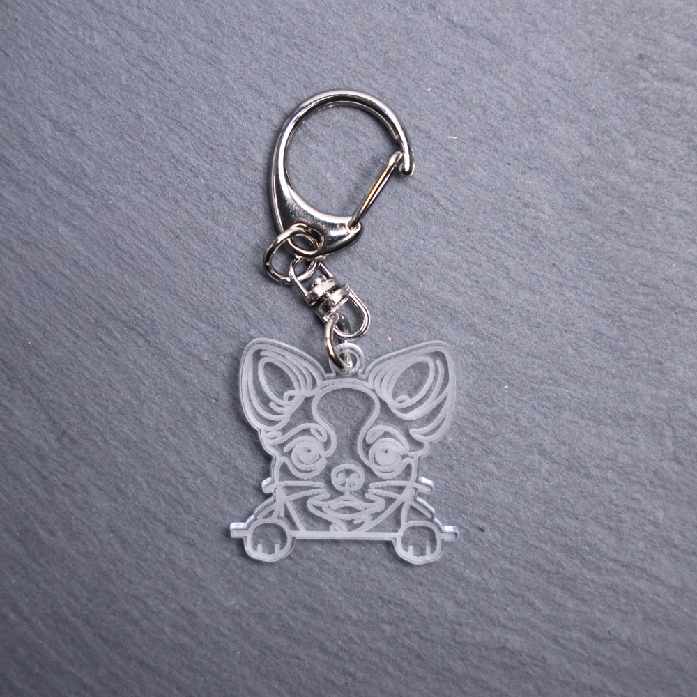 Chihuahua Bag Tag. This bag tag is made with engraved acrylic. Comes with lobster clasp topper that easily hooks to a bag, zippers, keychains,