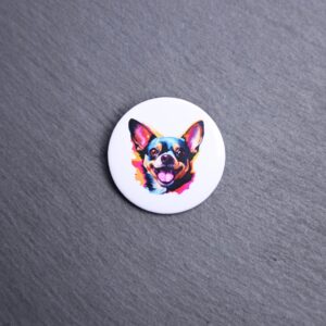 Chihuahua Watercolor Button. These buttons are made with photo paper, metal round, and metal backing. These buttons are vibrant and fun to use on bags or vests.