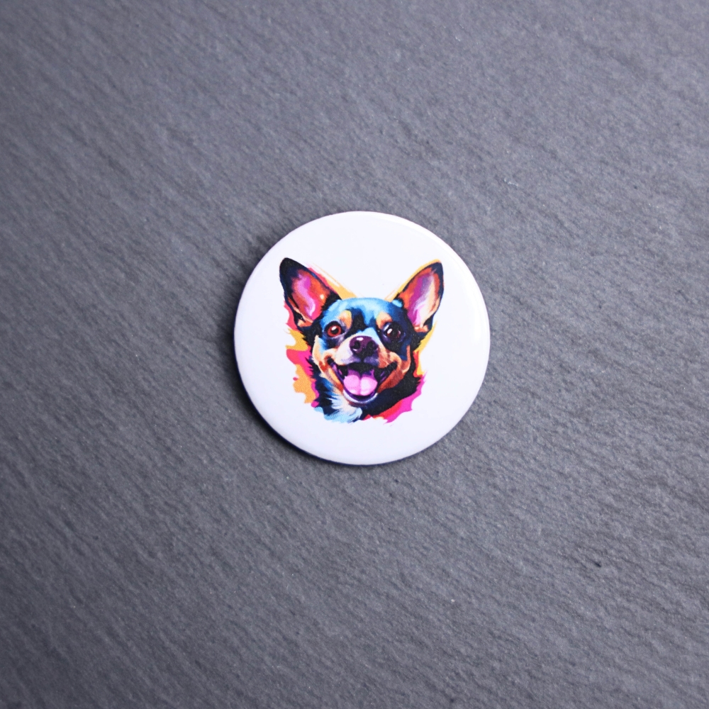Chihuahua Watercolor Button. These buttons are made with photo paper, metal round, and metal backing. These buttons are vibrant and fun to use on bags or vests.