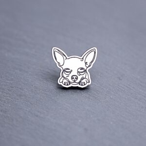 Chihuahua Engraved Acrylic Pin. These acrylic pins are made with engraved cast acrylic. These pins are white and black with a black pin back.