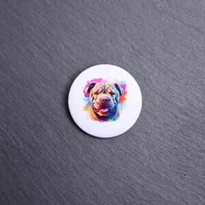 Chinese Shar Pei Watercolor Button. These buttons are made with photo paper, metal round, and metal backing. These buttons are vibrant and fun to use on bags or vests.