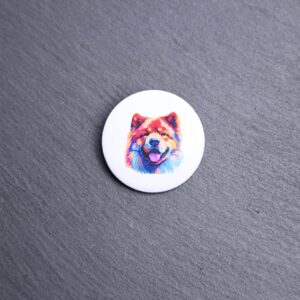 Chow Chow Watercolor Button. These buttons are made with photo paper, metal round, and metal backing. These buttons are vibrant and fun to use on bags or vests.