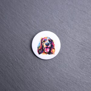 Cocker Spaniel Watercolor Button. These buttons are made with photo paper, metal round, and metal backing. These buttons are vibrant and fun to use on bags or vests.